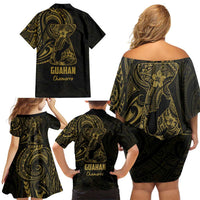 Gold Guam Latte Stone Tribal Tattoo Family Matching Off Shoulder Short Dress and Hawaiian Shirt Hafa Adai Six 7 One