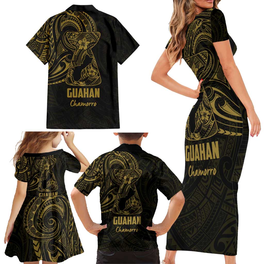 Gold Guam Latte Stone Tribal Tattoo Family Matching Short Sleeve Bodycon Dress and Hawaiian Shirt Hafa Adai Six 7 One LT9 - Polynesian Pride