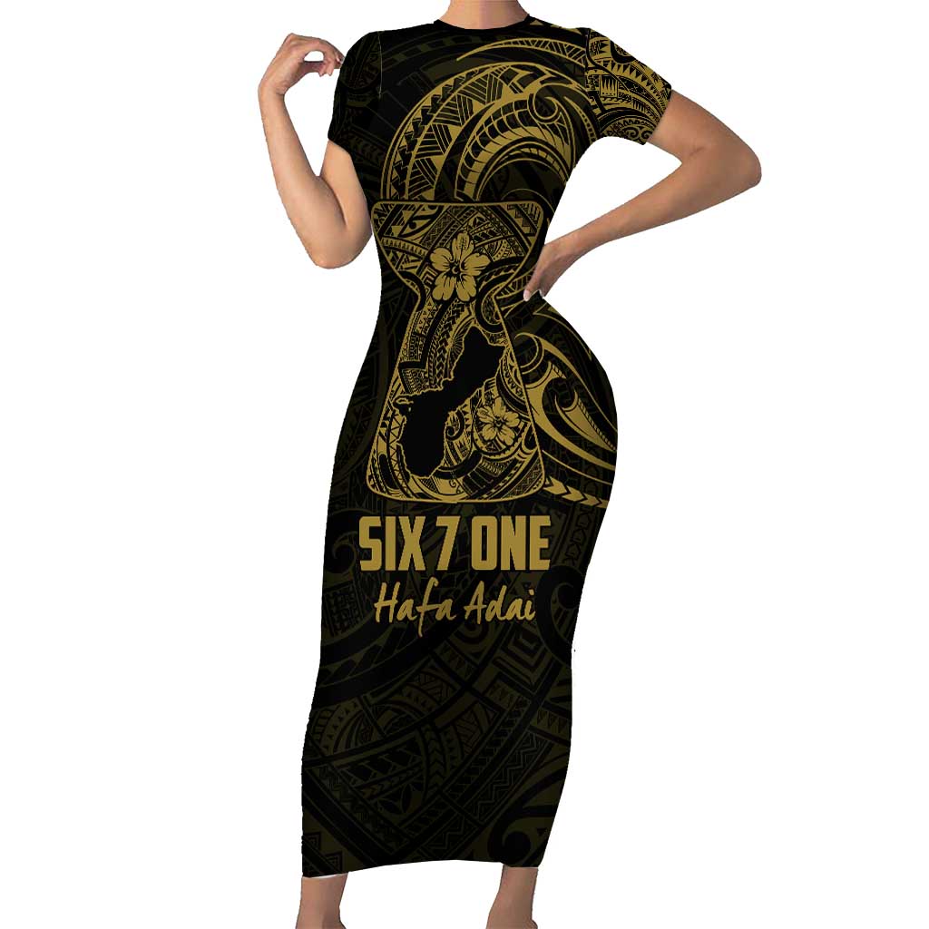 Gold Guam Latte Stone Tribal Tattoo Family Matching Short Sleeve Bodycon Dress and Hawaiian Shirt Hafa Adai Six 7 One LT9 Mom's Dress Gold - Polynesian Pride