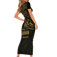 Gold Guam Latte Stone Tribal Tattoo Family Matching Short Sleeve Bodycon Dress and Hawaiian Shirt Hafa Adai Six 7 One LT9 - Polynesian Pride