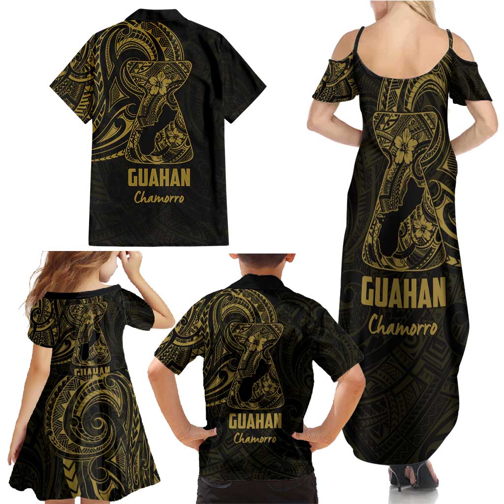 Gold Guam Latte Stone Tribal Tattoo Family Matching Summer Maxi Dress and Hawaiian Shirt Hafa Adai Six 7 One