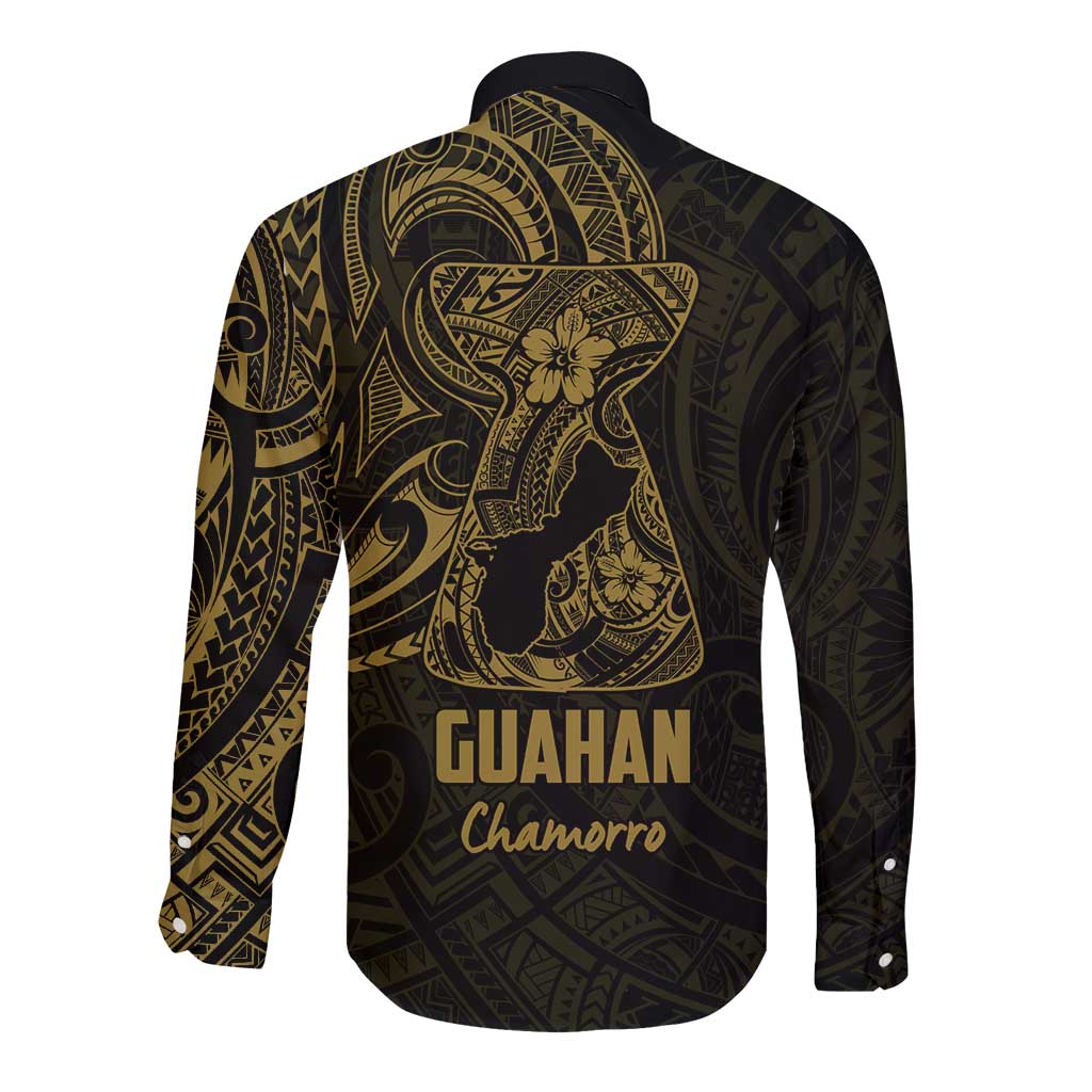 Gold Guam Latte Stone Tribal Tattoo Long Sleeve Button Shirt Hafa Adai Six 7 One
