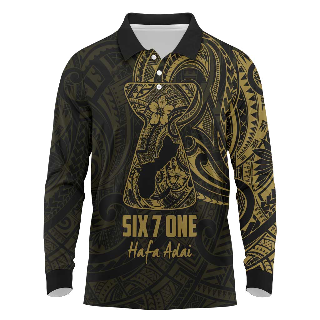 Gold Guam Latte Stone Tribal Tattoo Long Sleeve Polo Shirt Hafa Adai Six 7 One