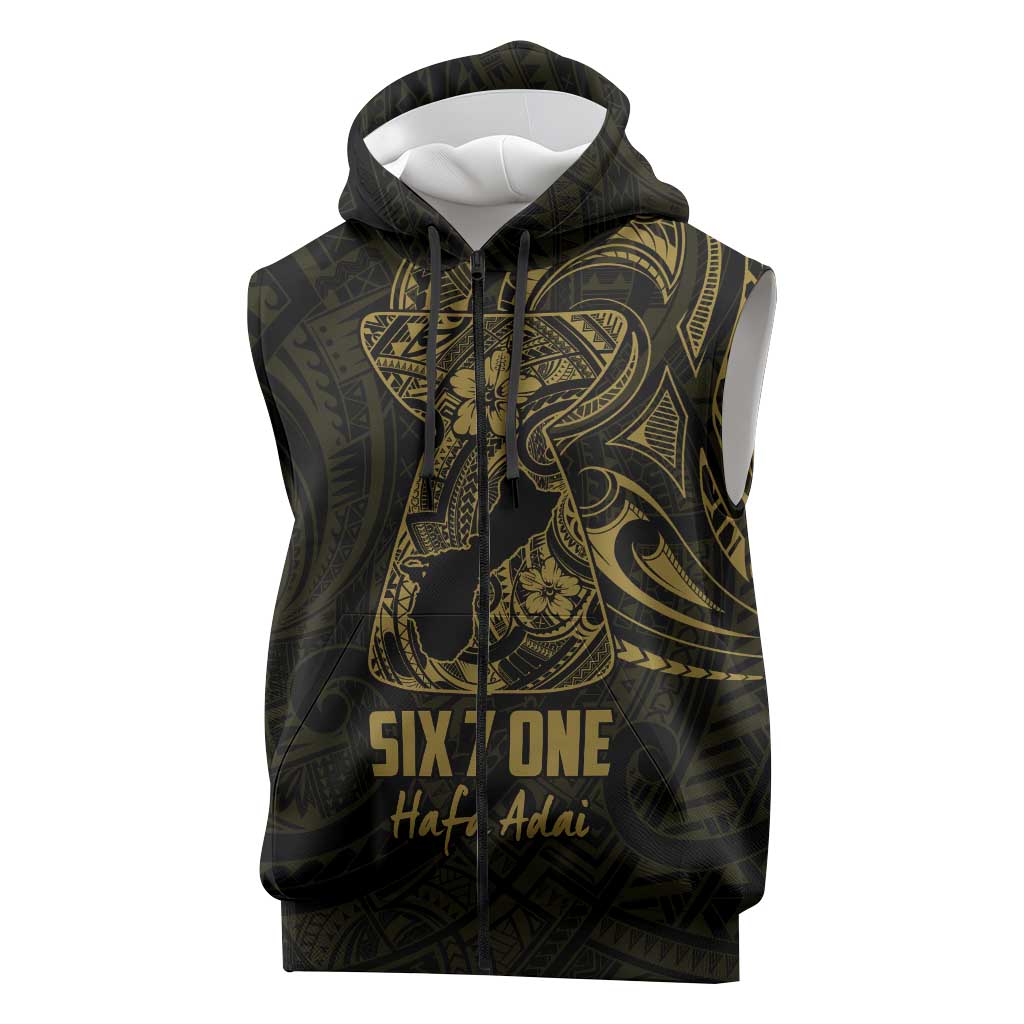 Gold Guam Latte Stone Tribal Tattoo Sleeveless Zip Hoodie Hafa Adai Six 7 One - Polynesian Pride