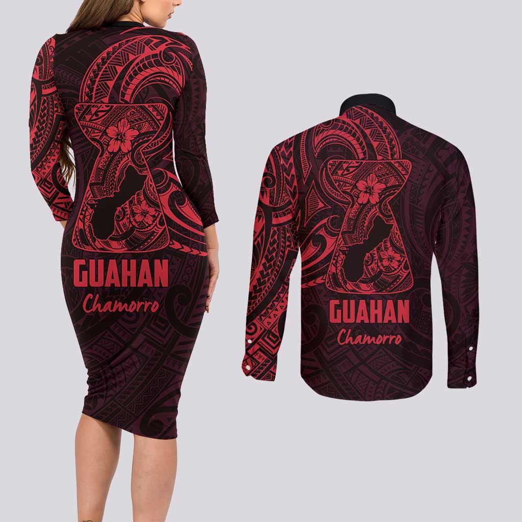 Oxblood Guam Latte Stone Tribal Tattoo Couples Matching Long Sleeve Bodycon Dress and Long Sleeve Button Shirt Hafa Adai Six 7 One
