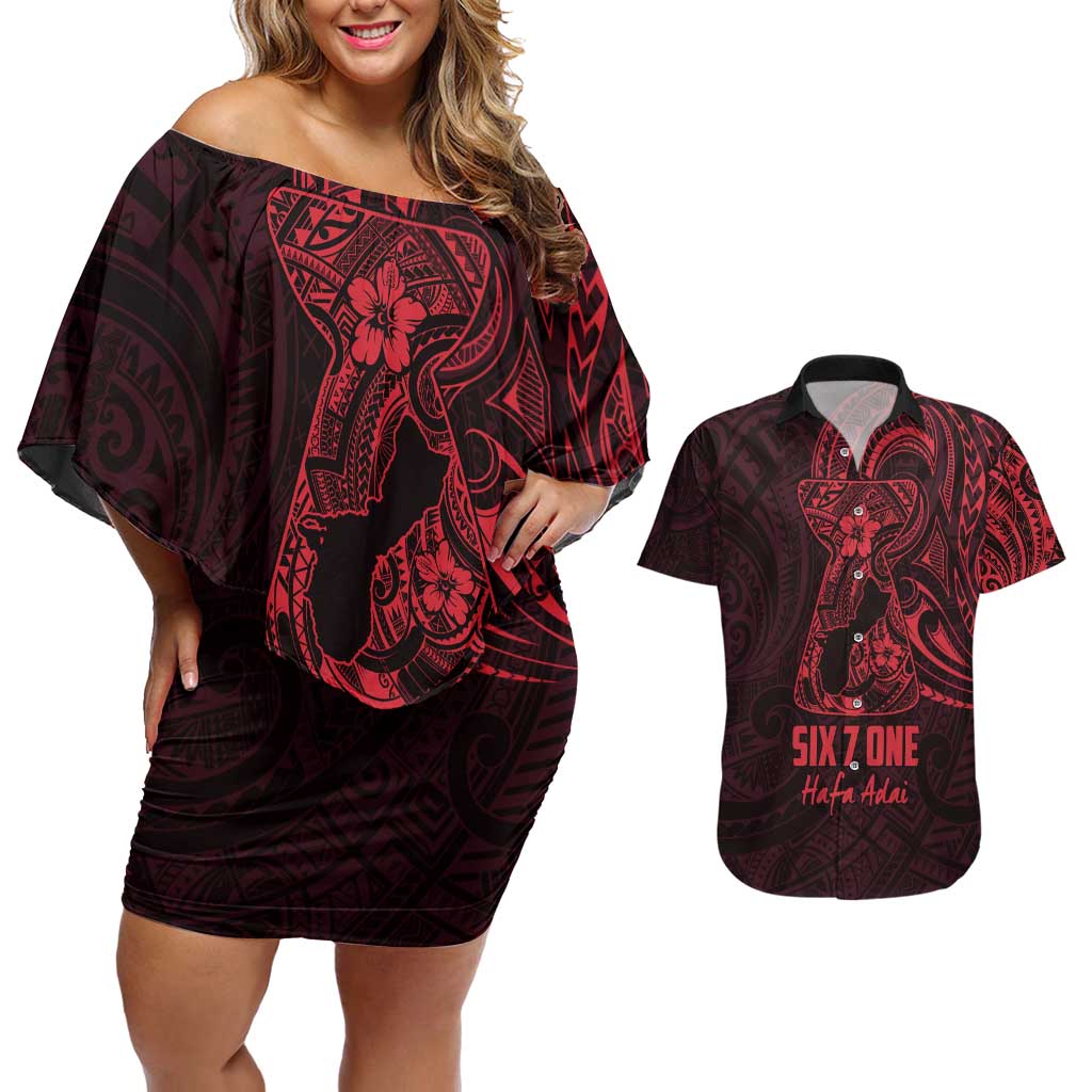 Oxblood Guam Latte Stone Tribal Tattoo Couples Matching Off Shoulder Short Dress and Hawaiian Shirt Hafa Adai Six 7 One