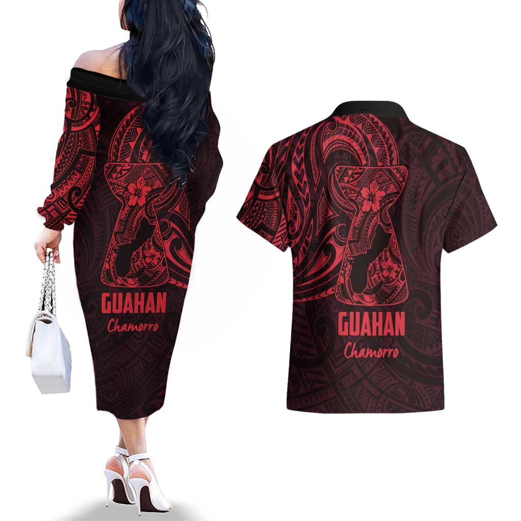 Oxblood Guam Latte Stone Tribal Tattoo Couples Matching Off The Shoulder Long Sleeve Dress and Hawaiian Shirt Hafa Adai Six 7 One
