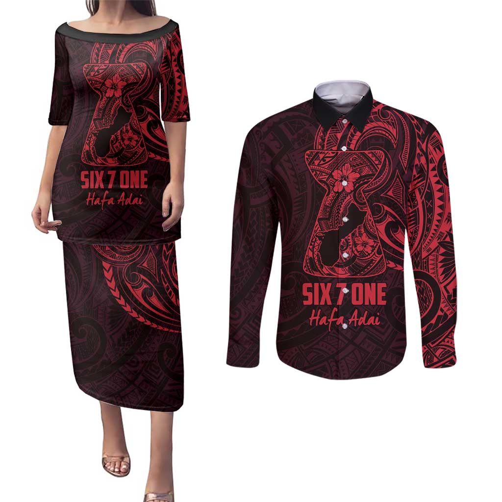 Oxblood Guam Latte Stone Tribal Tattoo Couples Matching Puletasi and Long Sleeve Button Shirt Hafa Adai Six 7 One