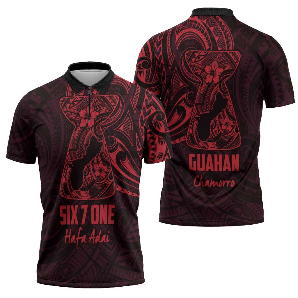 Oxblood Guam Latte Stone Tribal Tattoo Zipper Polo Shirt Hafa Adai Six 7 One - Polynesian Pride