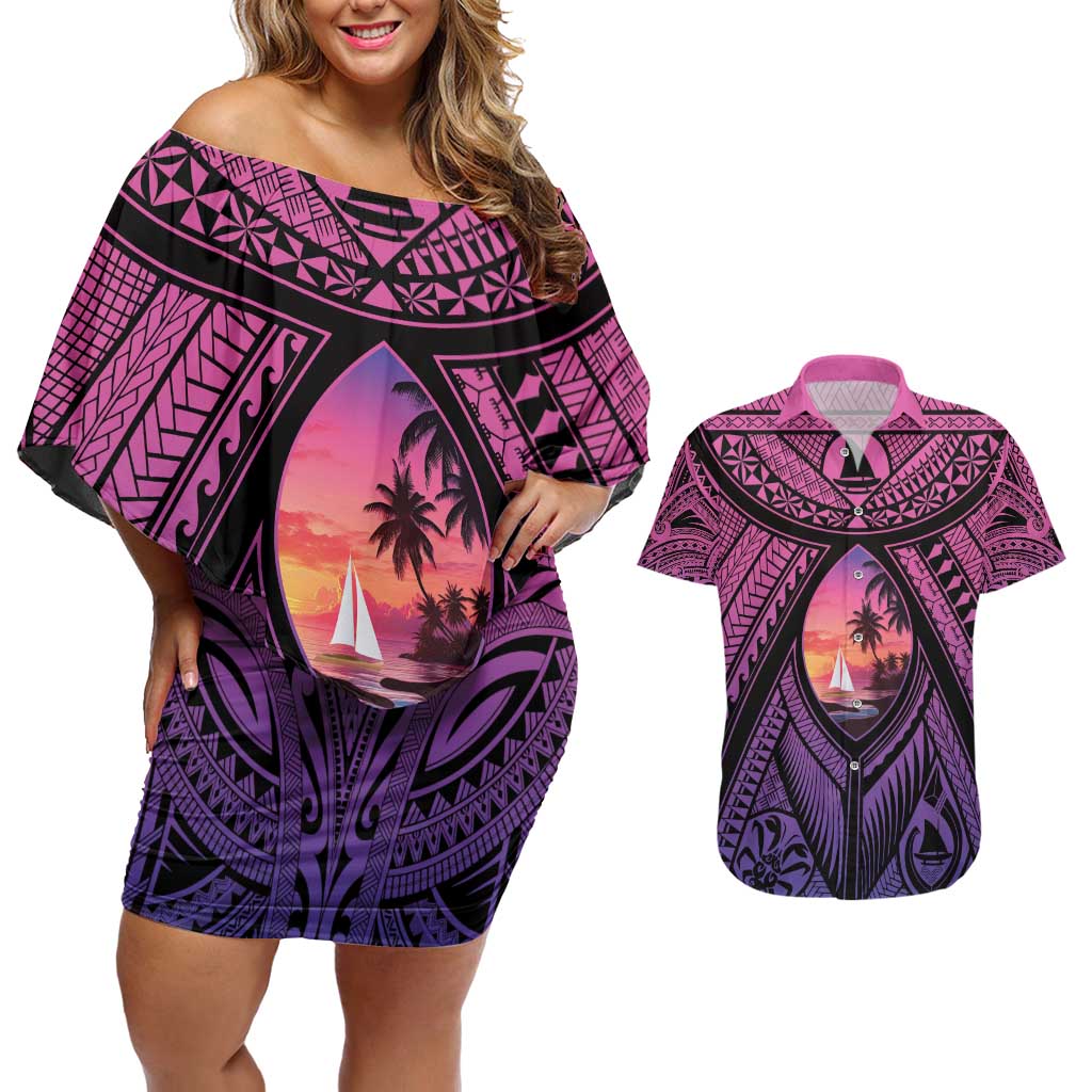 Guam Chamorro Artsy Couples Matching Off Shoulder Short Dress and Hawaiian Shirt Guahan Sunset Beach