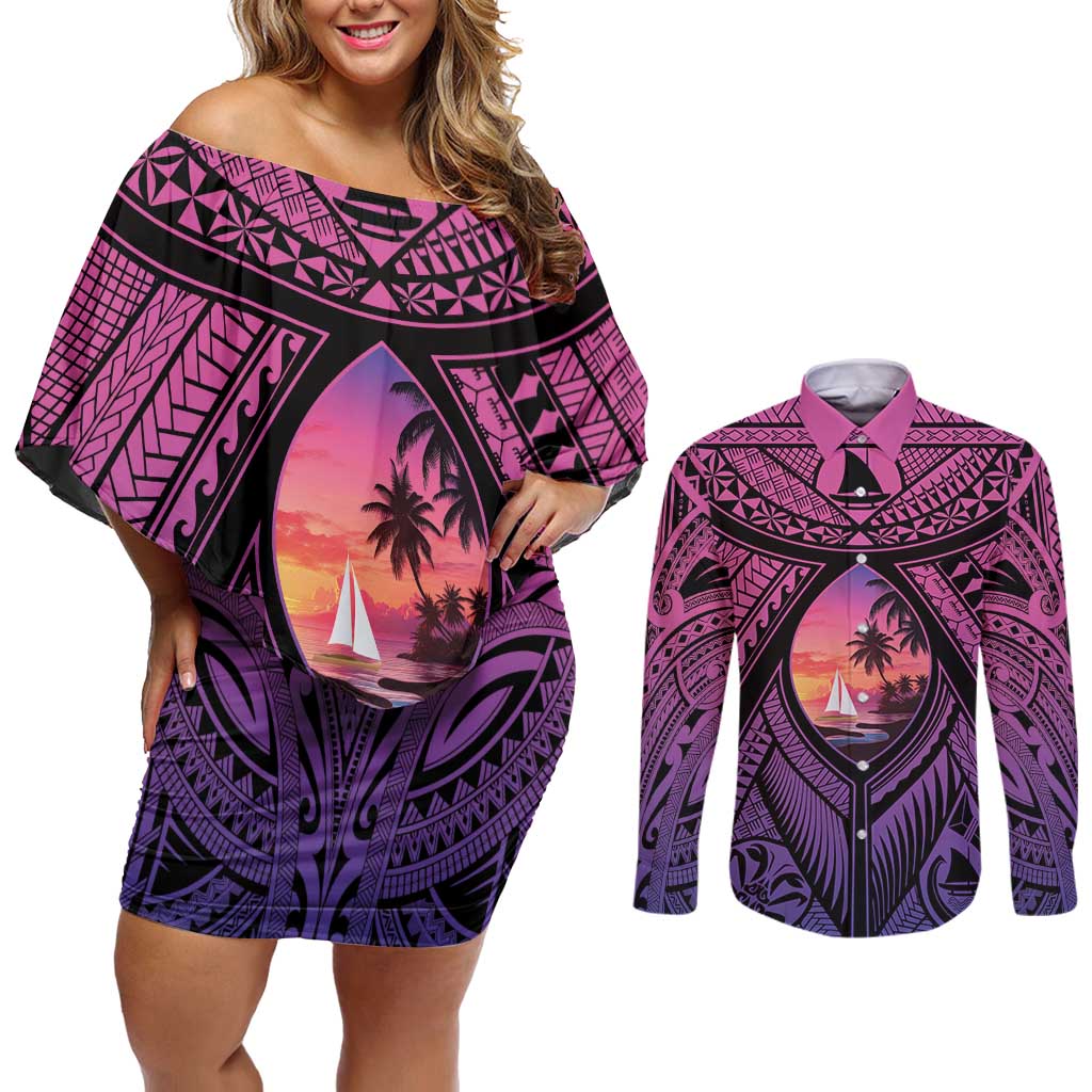 Guam Chamorro Artsy Couples Matching Off Shoulder Short Dress and Long Sleeve Button Shirt Guahan Sunset Beach