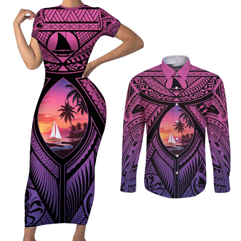 Guam Chamorro Artsy Couples Matching Short Sleeve Bodycon Dress and Long Sleeve Button Shirt Guahan Sunset Beach