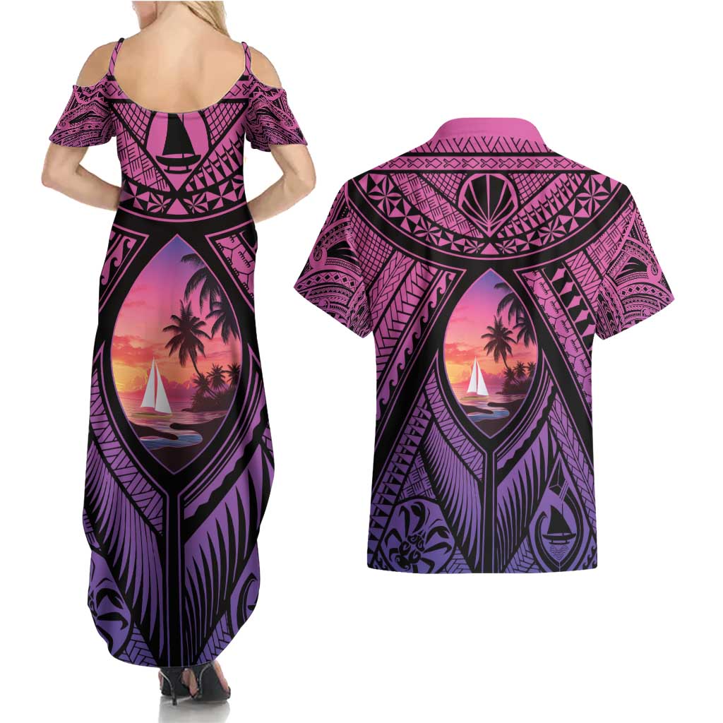 Guam Chamorro Artsy Couples Matching Summer Maxi Dress and Hawaiian Shirt Guahan Sunset Beach
