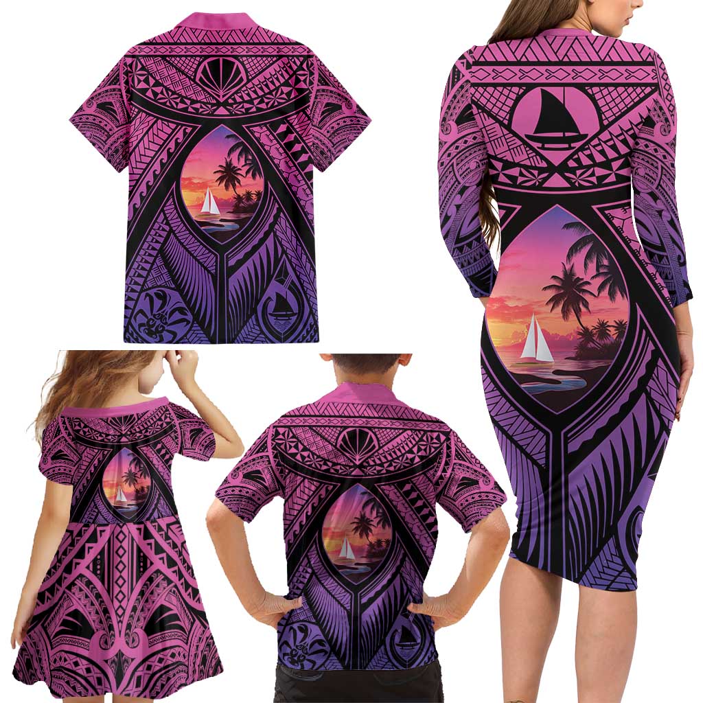 Guam Chamorro Artsy Family Matching Long Sleeve Bodycon Dress and Hawaiian Shirt Guahan Sunset Beach LT9 - Polynesian Pride