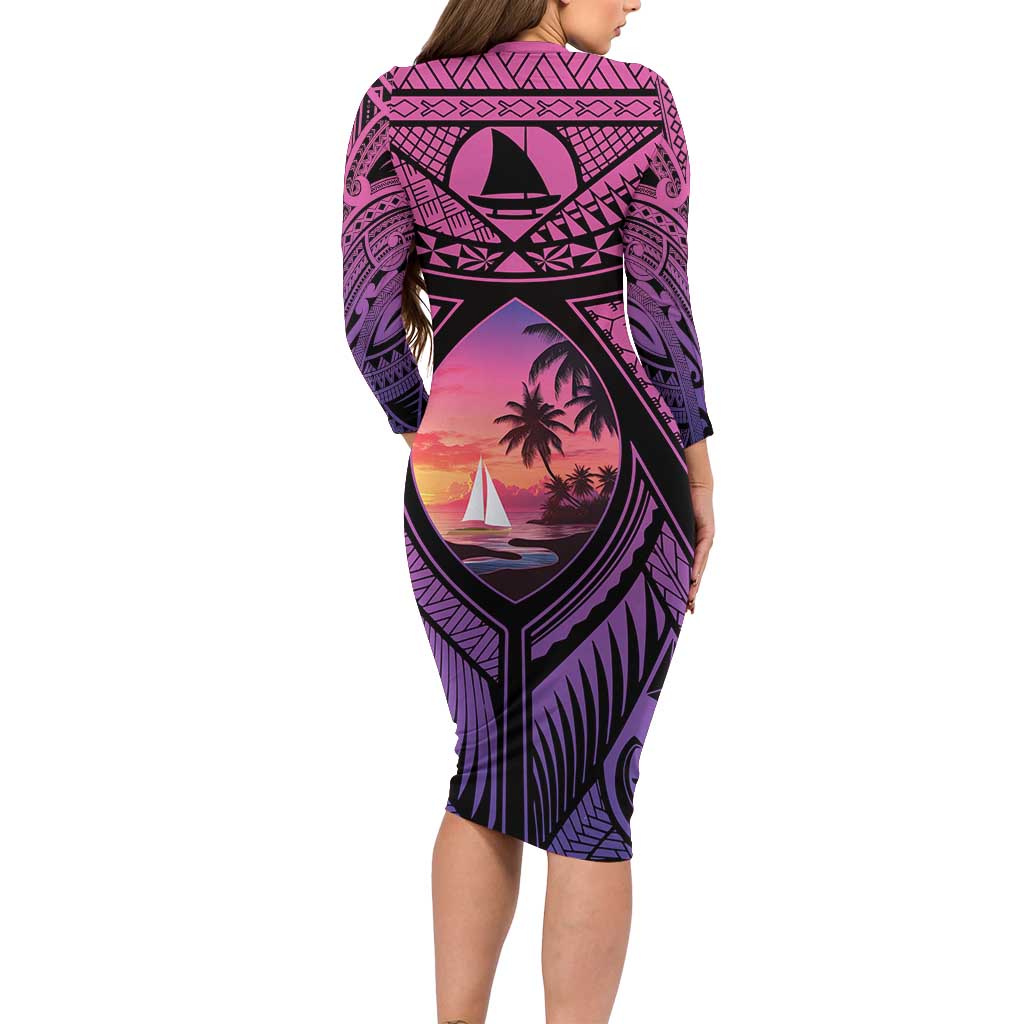 Guam Chamorro Artsy Family Matching Long Sleeve Bodycon Dress and Hawaiian Shirt Guahan Sunset Beach LT9 - Polynesian Pride