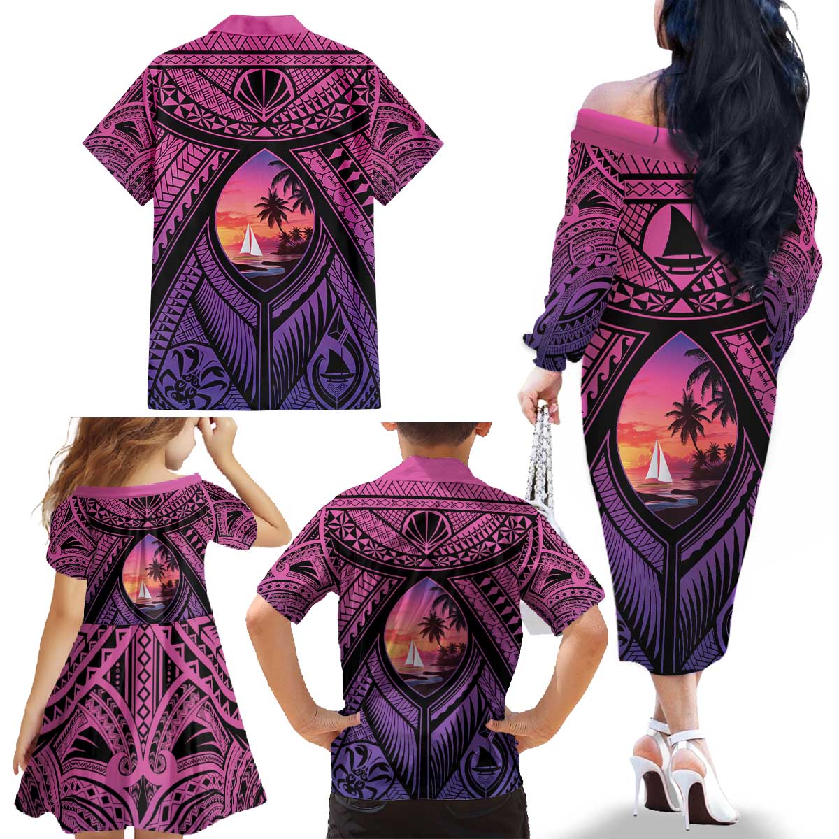 Guam Chamorro Artsy Family Matching Off The Shoulder Long Sleeve Dress and Hawaiian Shirt Guahan Sunset Beach