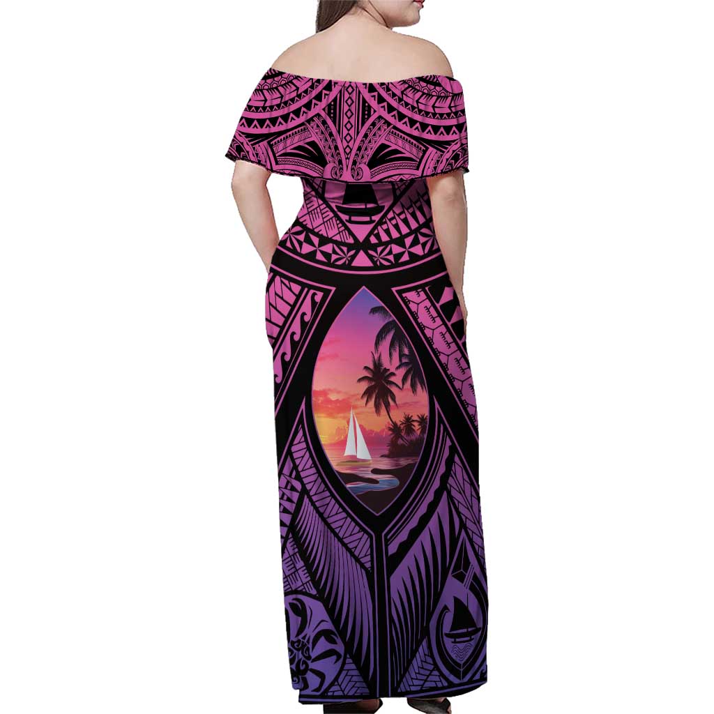 Guam Chamorro Artsy Family Matching Off Shoulder Maxi Dress and Hawaiian Shirt Guahan Sunset Beach