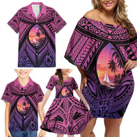 Guam Chamorro Artsy Family Matching Off Shoulder Short Dress and Hawaiian Shirt Guahan Sunset Beach