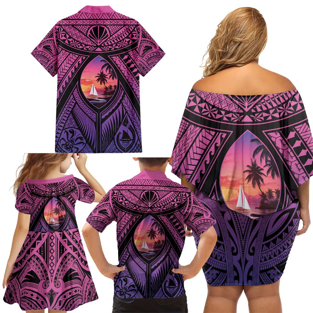 Guam Chamorro Artsy Family Matching Off Shoulder Short Dress and Hawaiian Shirt Guahan Sunset Beach