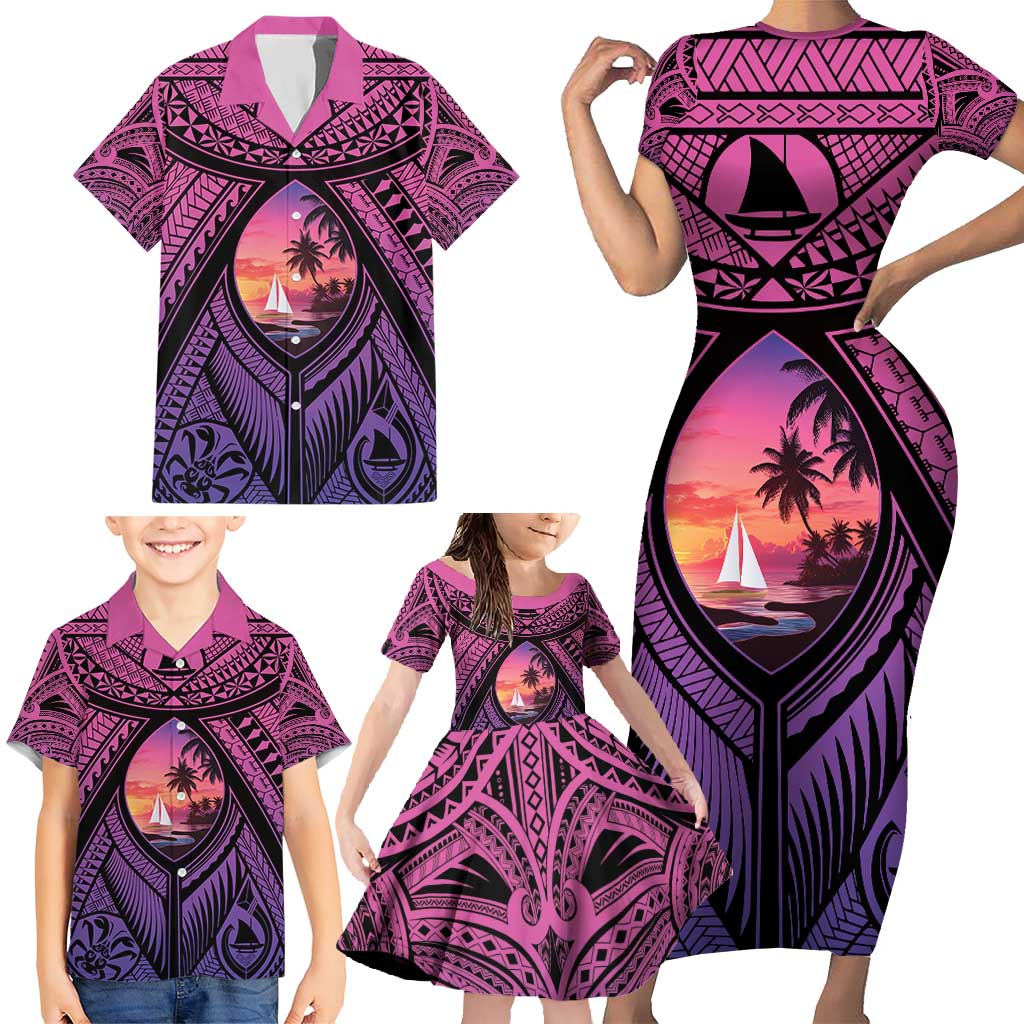 Guam Chamorro Artsy Family Matching Short Sleeve Bodycon Dress and Hawaiian Shirt Guahan Sunset Beach LT9 - Polynesian Pride