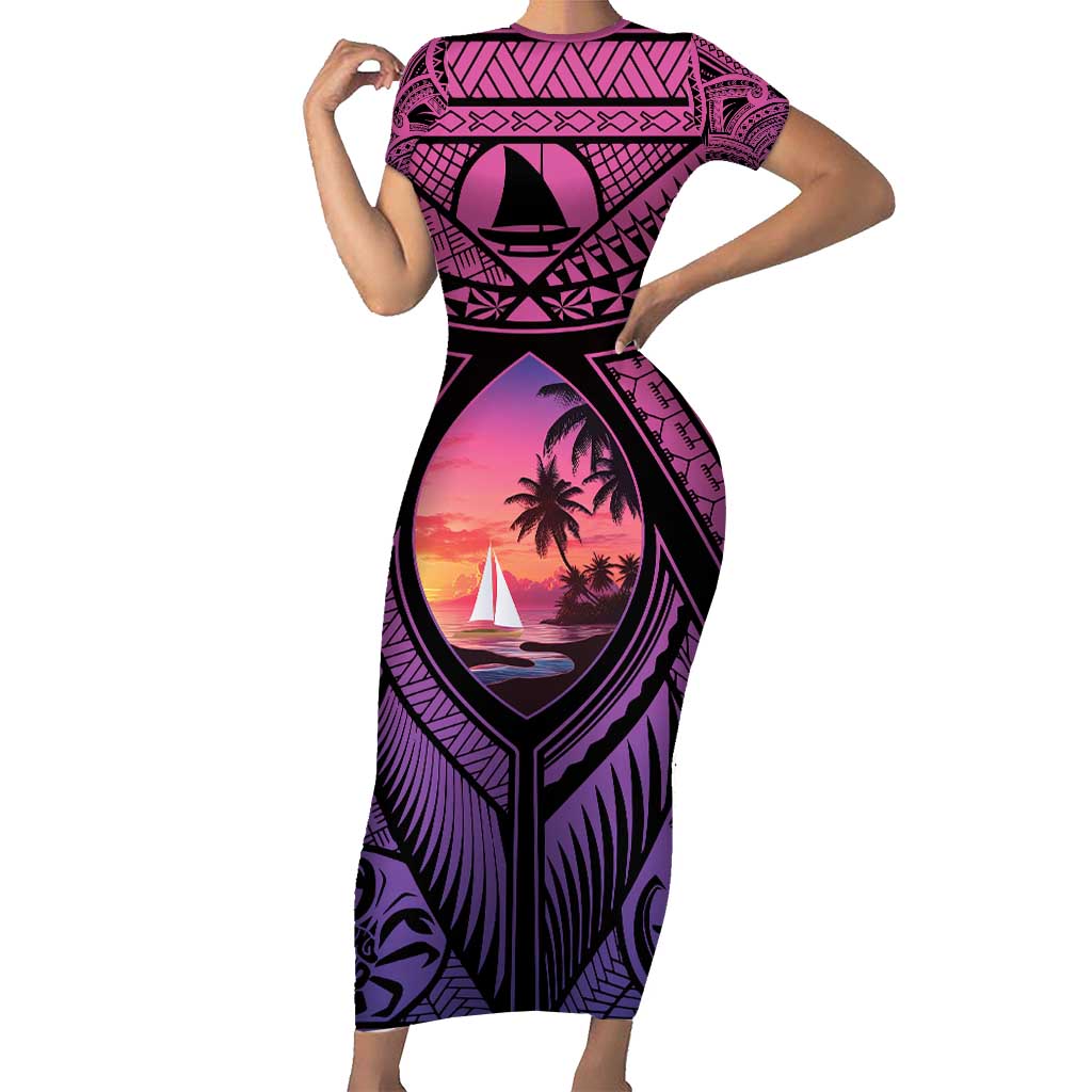 Guam Chamorro Artsy Family Matching Short Sleeve Bodycon Dress and Hawaiian Shirt Guahan Sunset Beach LT9 Mom's Dress Sunset - Polynesian Pride