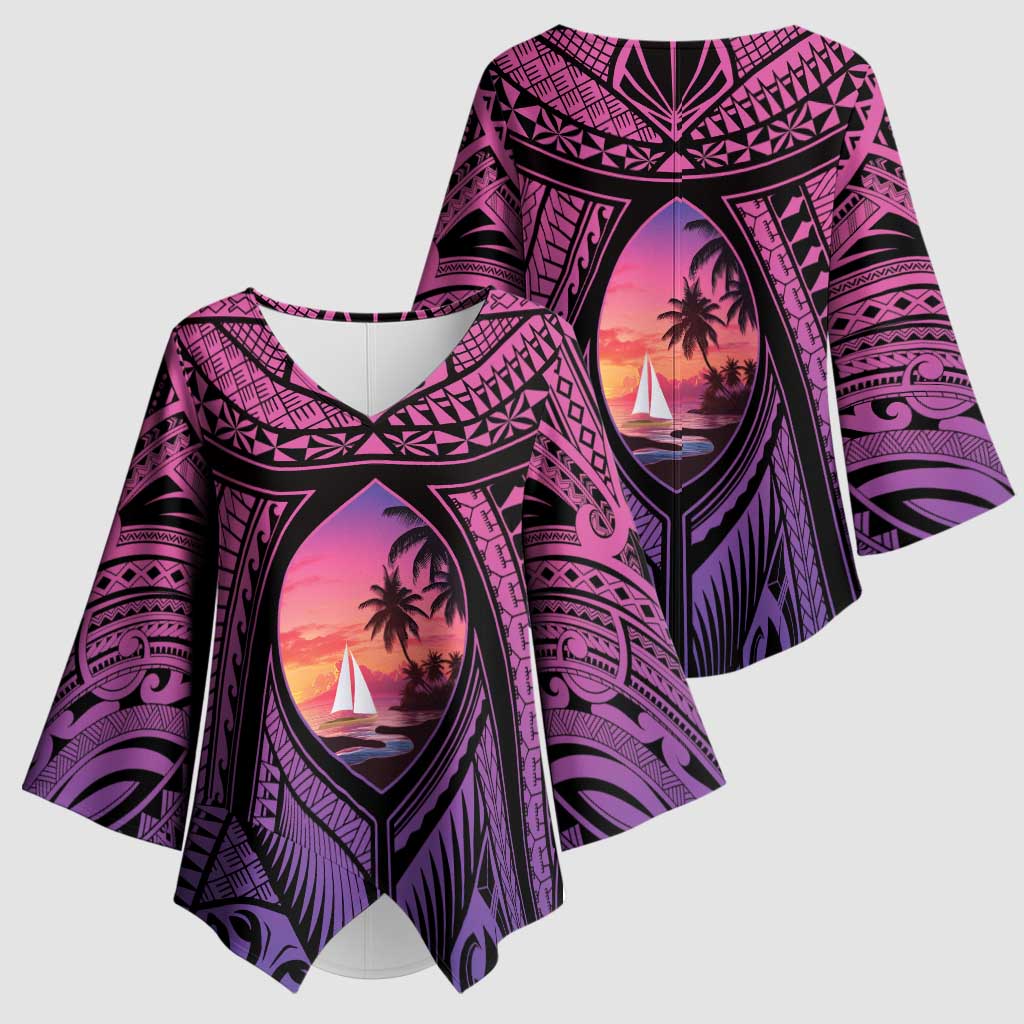 Guam Chamorro Artsy Kimono Sleeve Blouse Guahan Sunset Beach - Polynesian Pride