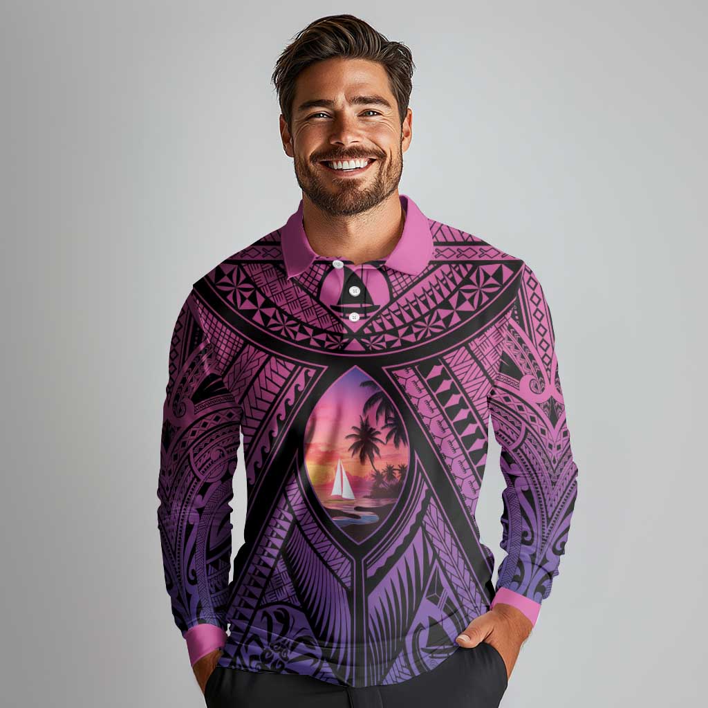 Guam Chamorro Artsy Long Sleeve Polo Shirt Guahan Sunset Beach