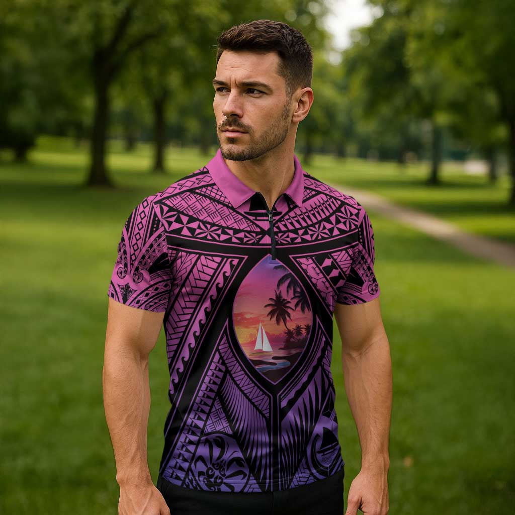 Guam Chamorro Artsy Zipper Polo Shirt Guahan Sunset Beach - Polynesian Pride