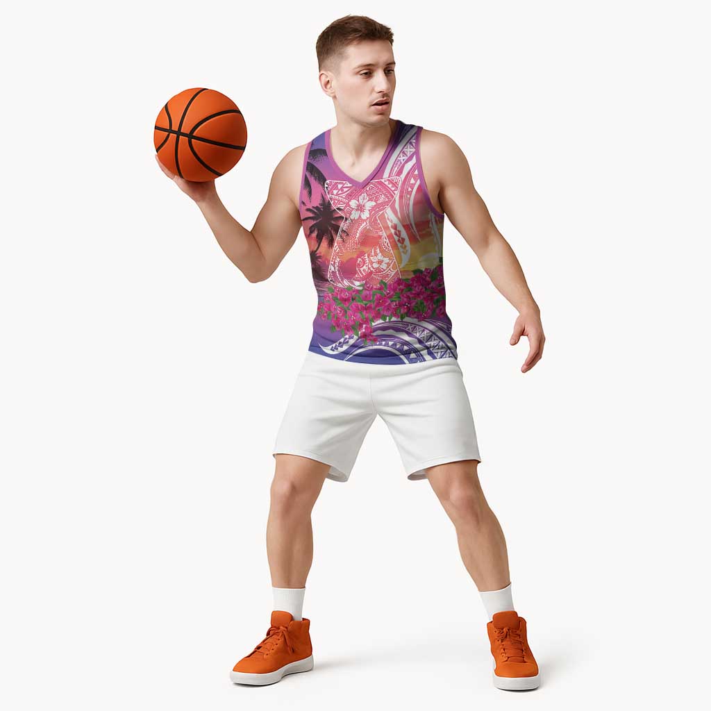 Guam Latte Stone with Map Basketball Jersey Bougainvillea Beach Sunset - Polynesian Pride