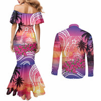 Guam Latte Stone with Map Couples Matching Mermaid Dress and Long Sleeve Button Shirt Bougainvillea Beach Sunset