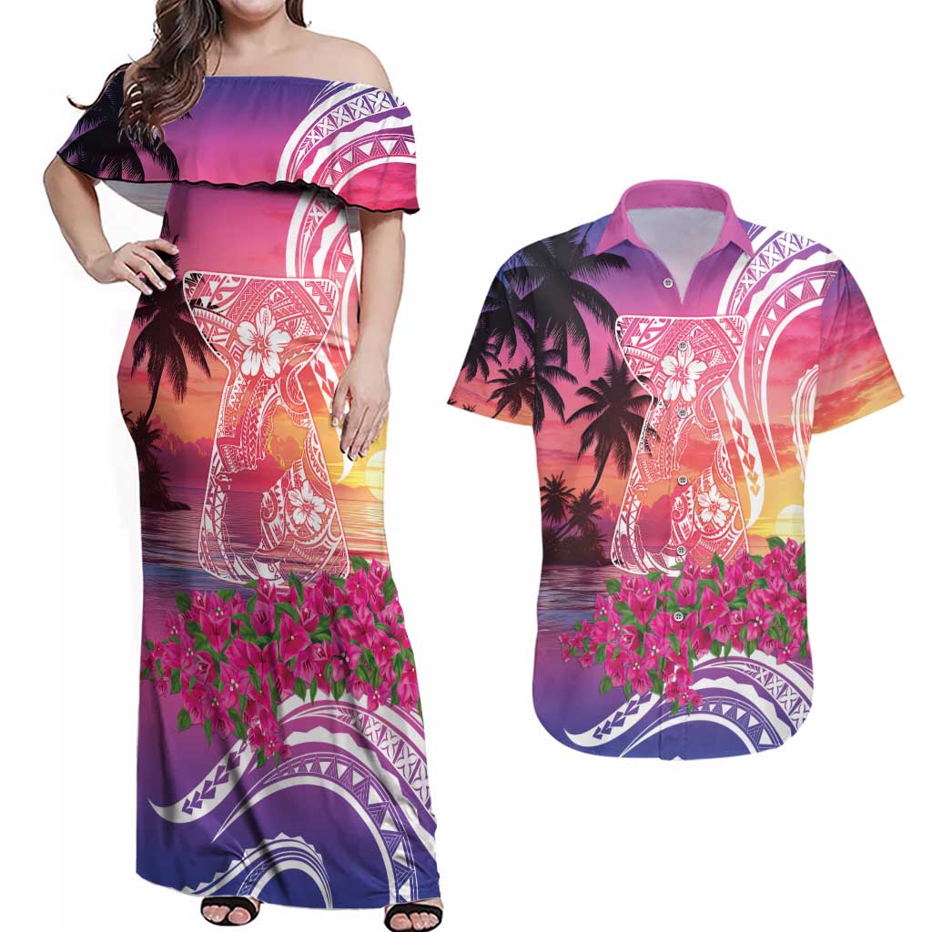 Guam Latte Stone with Map Couples Matching Off Shoulder Maxi Dress and Hawaiian Shirt Bougainvillea Beach Sunset