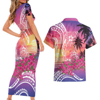 Guam Latte Stone with Map Couples Matching Short Sleeve Bodycon Dress and Hawaiian Shirt Bougainvillea Beach Sunset