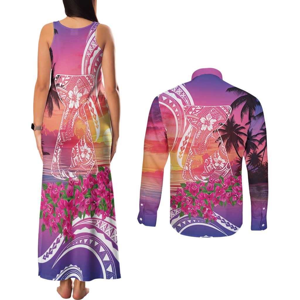 Guam Latte Stone with Map Couples Matching Tank Maxi Dress and Long Sleeve Button Shirt Bougainvillea Beach Sunset