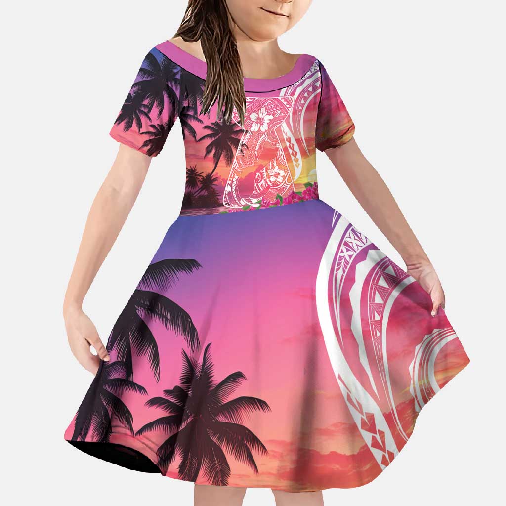 Guam Latte Stone with Map Family Matching Long Sleeve Bodycon Dress and Hawaiian Shirt Bougainvillea Beach Sunset LT9 Daughter's Dress Sunset - Polynesian Pride