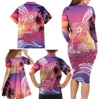 Guam Latte Stone with Map Family Matching Long Sleeve Bodycon Dress and Hawaiian Shirt Bougainvillea Beach Sunset LT9 - Polynesian Pride