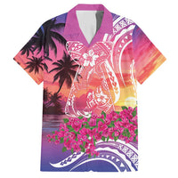 Guam Latte Stone with Map Family Matching Long Sleeve Bodycon Dress and Hawaiian Shirt Bougainvillea Beach Sunset LT9 Dad's Shirt - Short Sleeve Sunset - Polynesian Pride