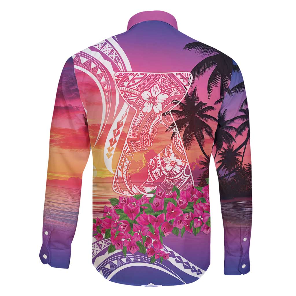 Guam Latte Stone with Map Family Matching Long Sleeve Bodycon Dress and Hawaiian Shirt Bougainvillea Beach Sunset LT9 - Polynesian Pride