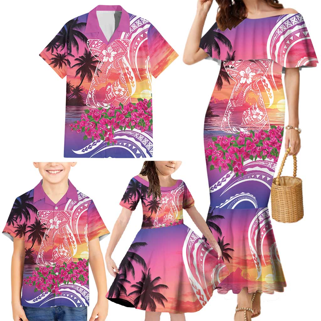 Guam Latte Stone with Map Family Matching Mermaid Dress and Hawaiian Shirt Bougainvillea Beach Sunset LT9 - Polynesian Pride