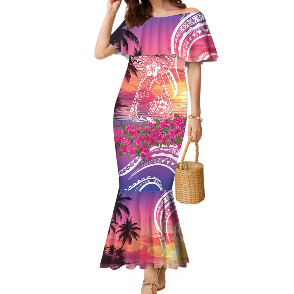 Guam Latte Stone with Map Family Matching Mermaid Dress and Hawaiian Shirt Bougainvillea Beach Sunset LT9 Mom's Dress Sunset - Polynesian Pride