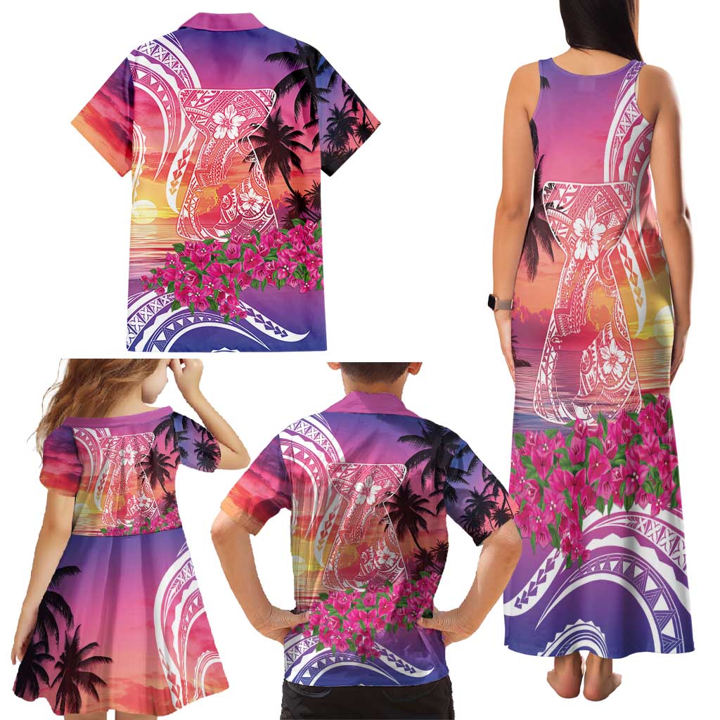 Guam Latte Stone with Map Family Matching Tank Maxi Dress and Hawaiian Shirt Bougainvillea Beach Sunset LT9 - Polynesian Pride