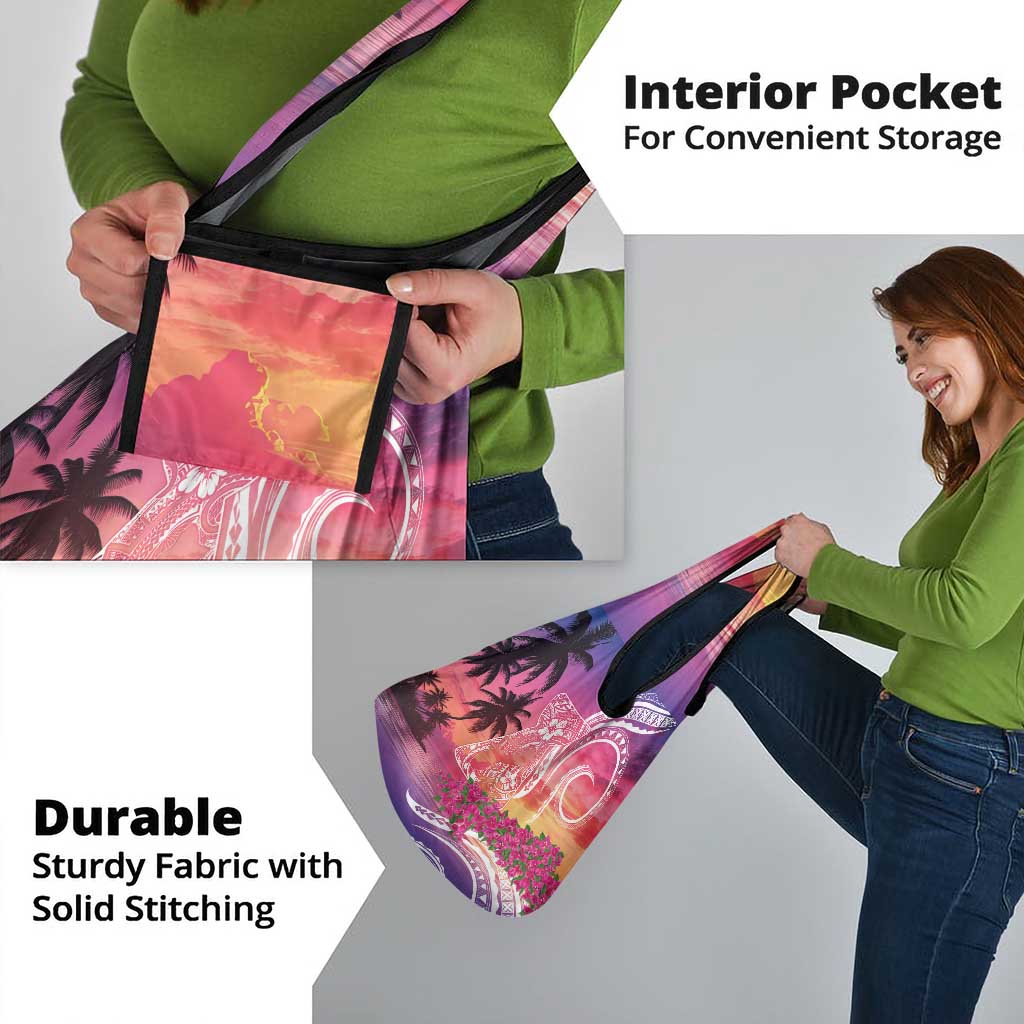 Guam Latte Stone with Map Grocery Bag Bougainvillea Beach Sunset