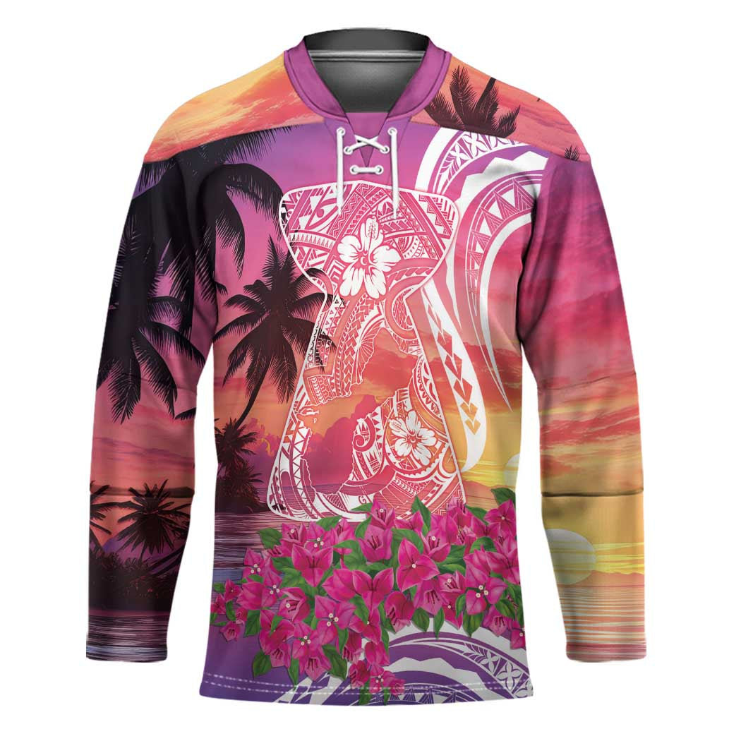 Guam Latte Stone with Map Hockey Jersey Bougainvillea Beach Sunset - Polynesian Pride