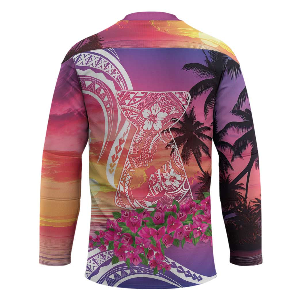 Guam Latte Stone with Map Hockey Jersey Bougainvillea Beach Sunset - Polynesian Pride