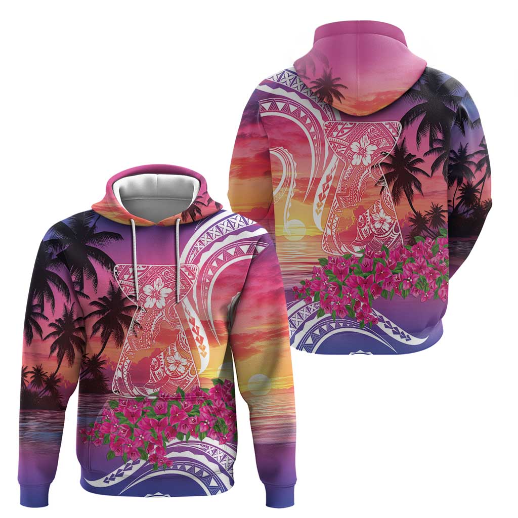 Guam Latte Stone with Map Hoodie Bougainvillea Beach Sunset