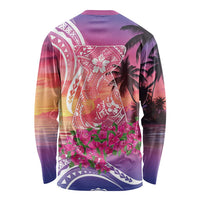 Guam Latte Stone with Map Long Sleeve Shirt Bougainvillea Beach Sunset