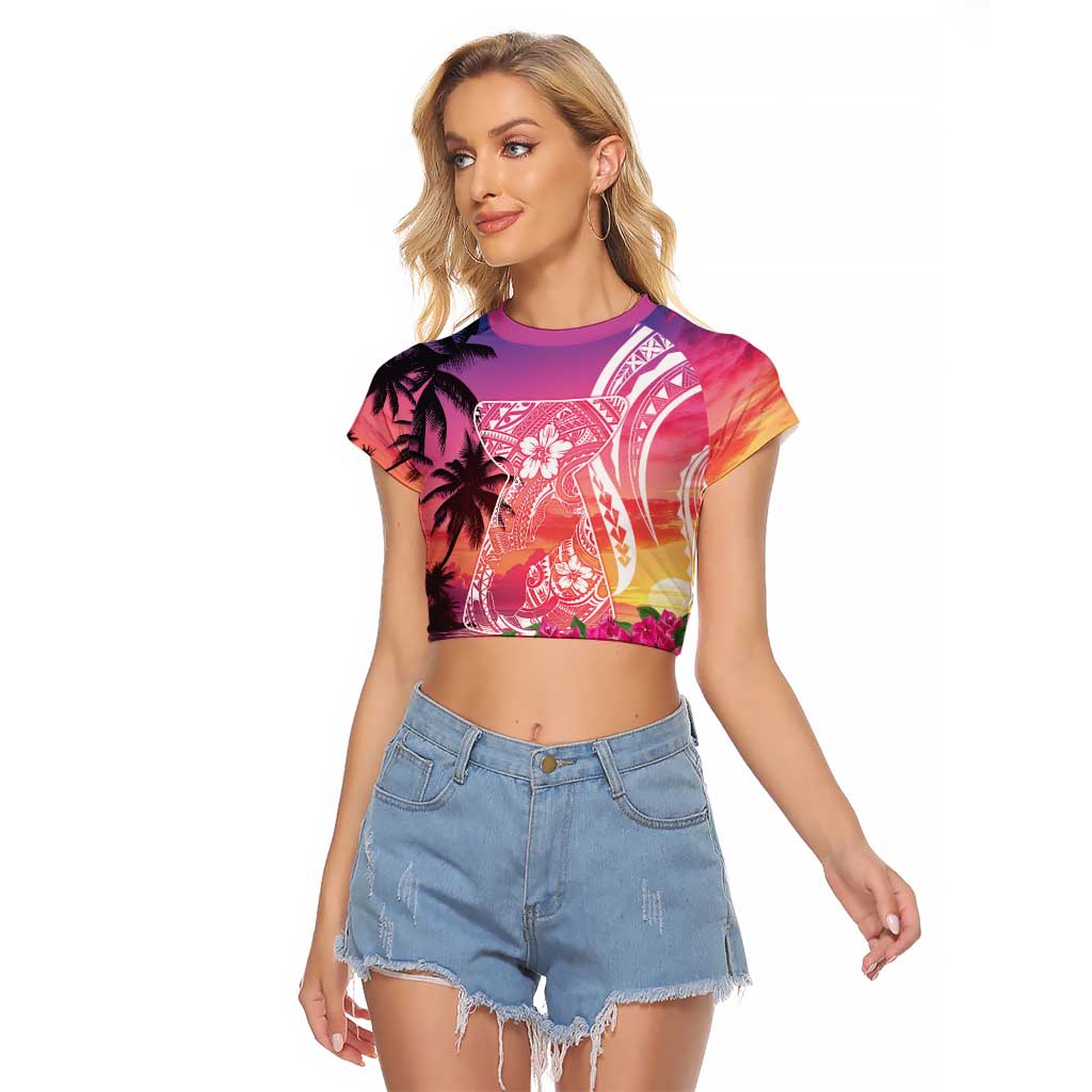 Guam Latte Stone with Map Raglan Cropped T Shirt Bougainvillea Beach Sunset