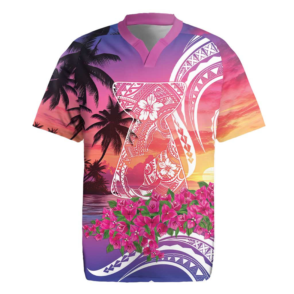 Guam Latte Stone with Map Rugby Jersey Bougainvillea Beach Sunset