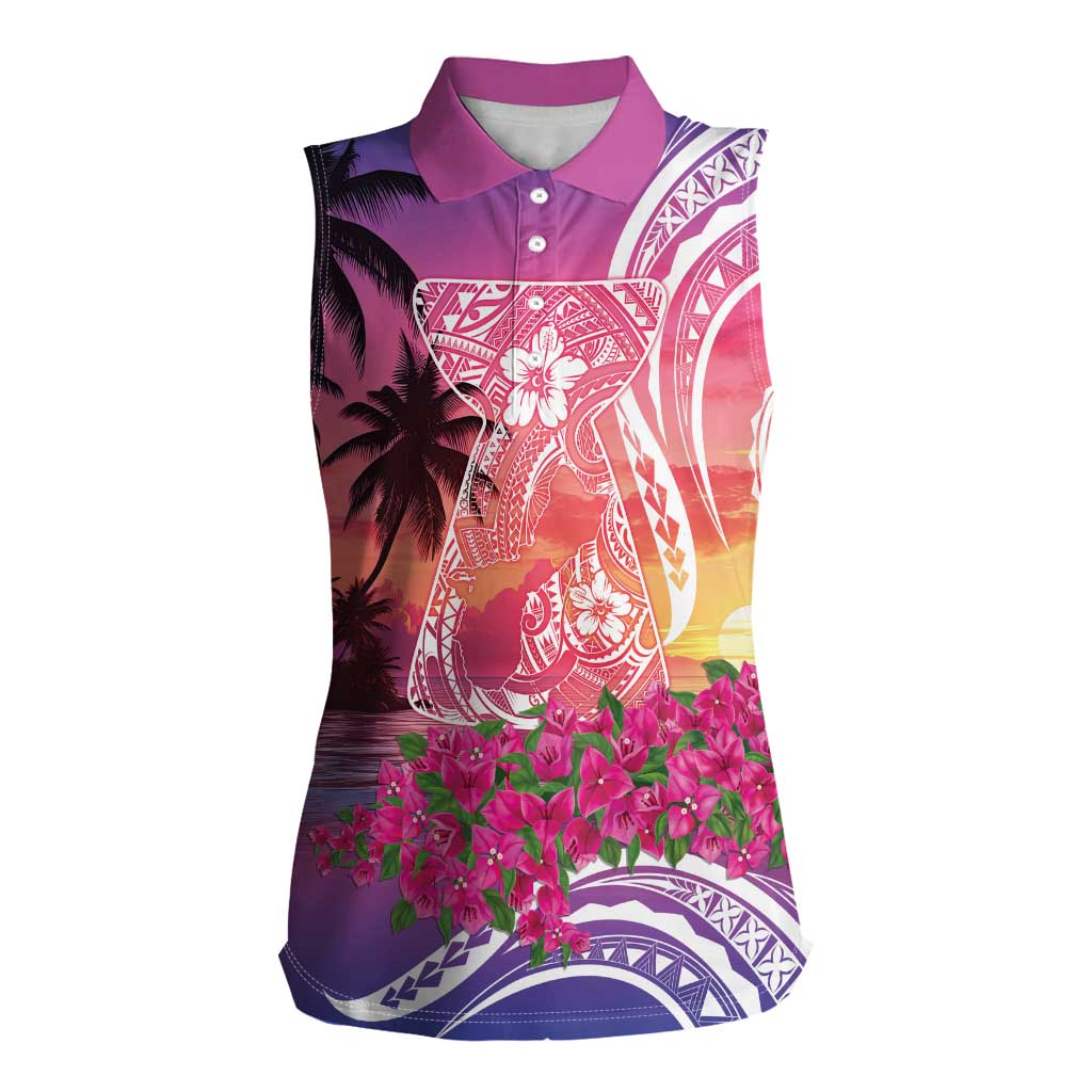 Guam Latte Stone with Map Women Sleeveless Polo Shirt Bougainvillea Beach Sunset