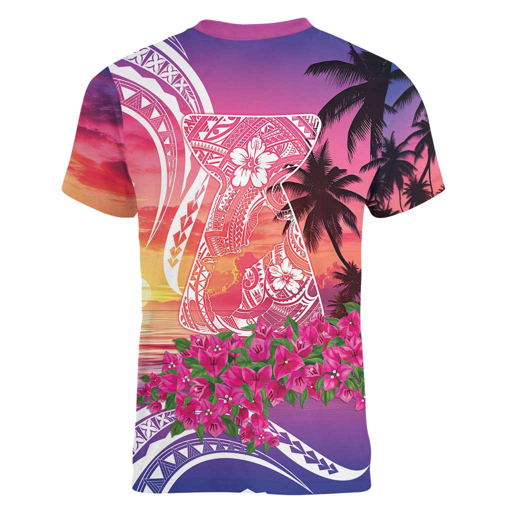 Guam Latte Stone with Map Women V-Neck T-Shirt Bougainvillea Beach Sunset