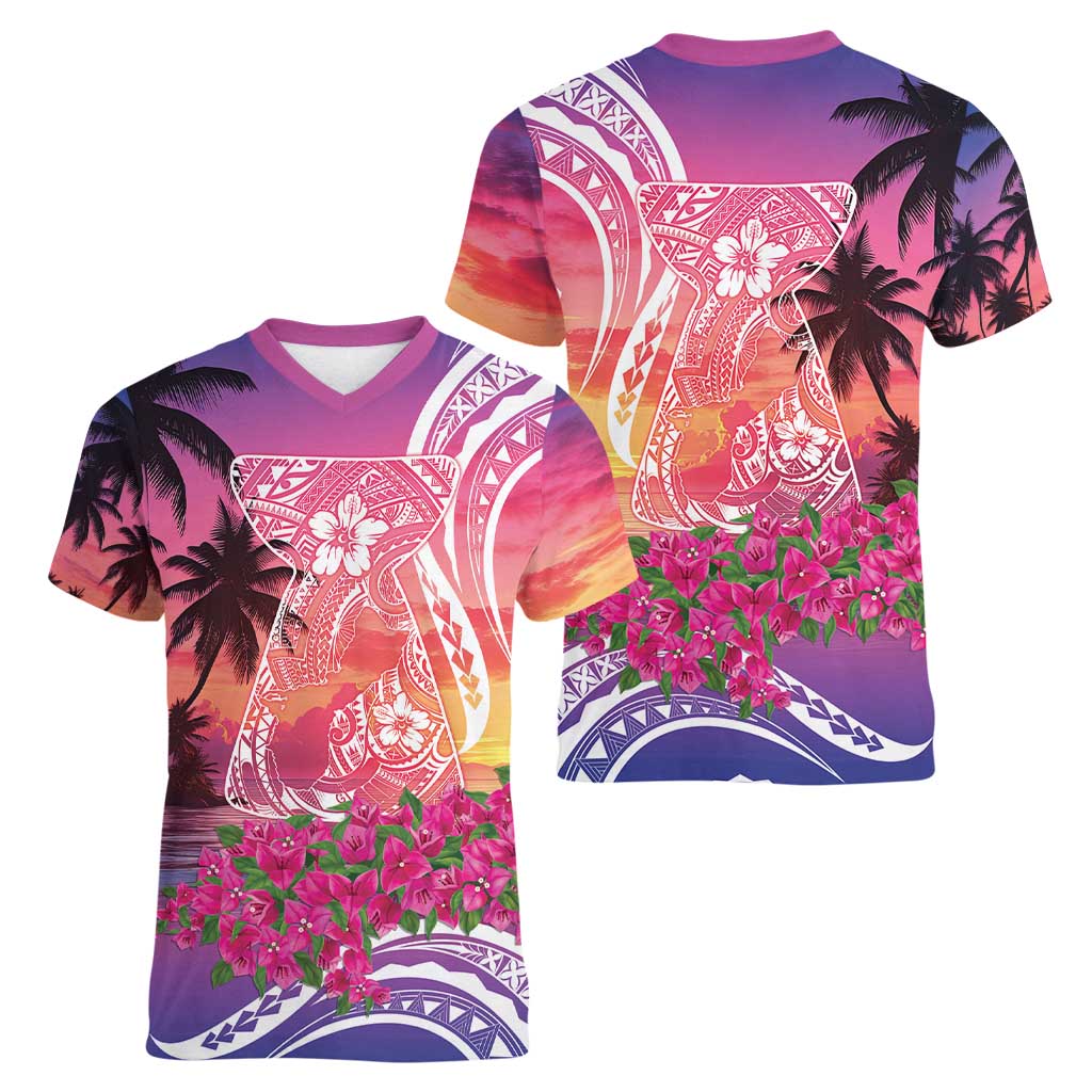 Guam Latte Stone with Map Women V-Neck T-Shirt Bougainvillea Beach Sunset